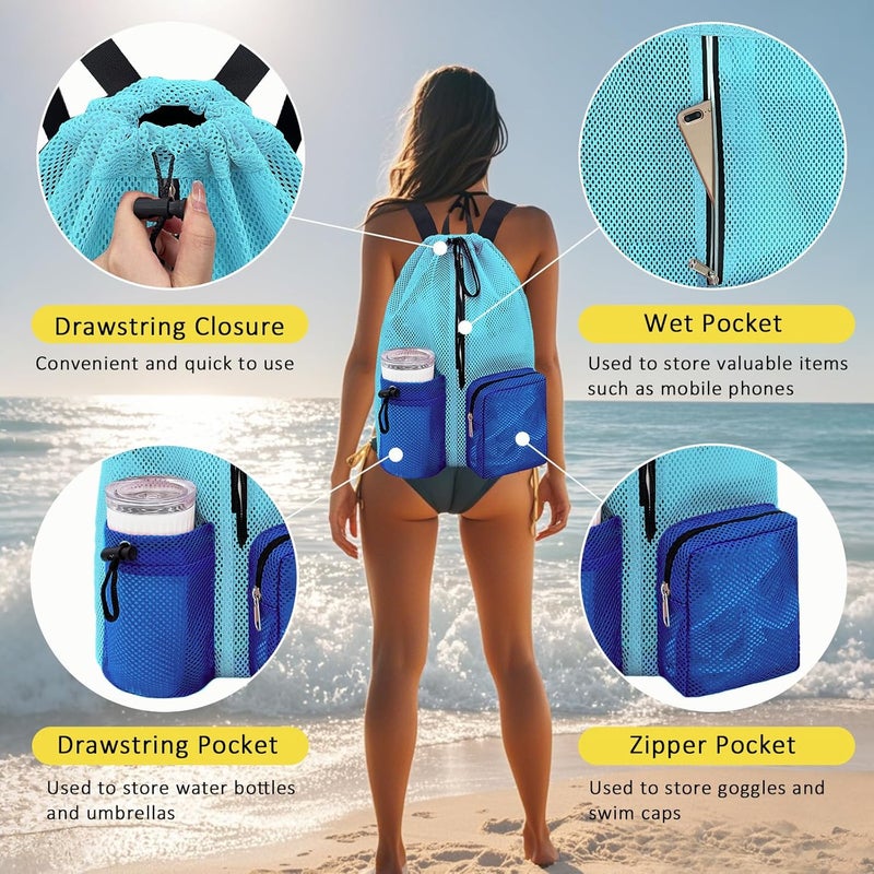 HOPSOOKEN Swim Bag Mesh Beach Backpack for Womem Men Waterproof Drawstring Backpack with Wet Pocket for Swimming Gym Pool - Image 3